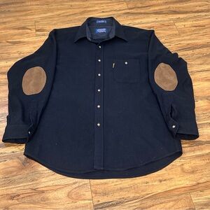 Pendleton Trail Shirt Navy Blue with Brown Elbow Patches Mens L 100% Cotton